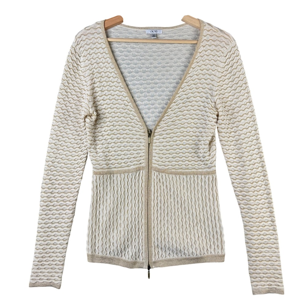 Cache Silk Blend Gold Metallic Wavy Knit Full Zip Cardigan Sweater Medium